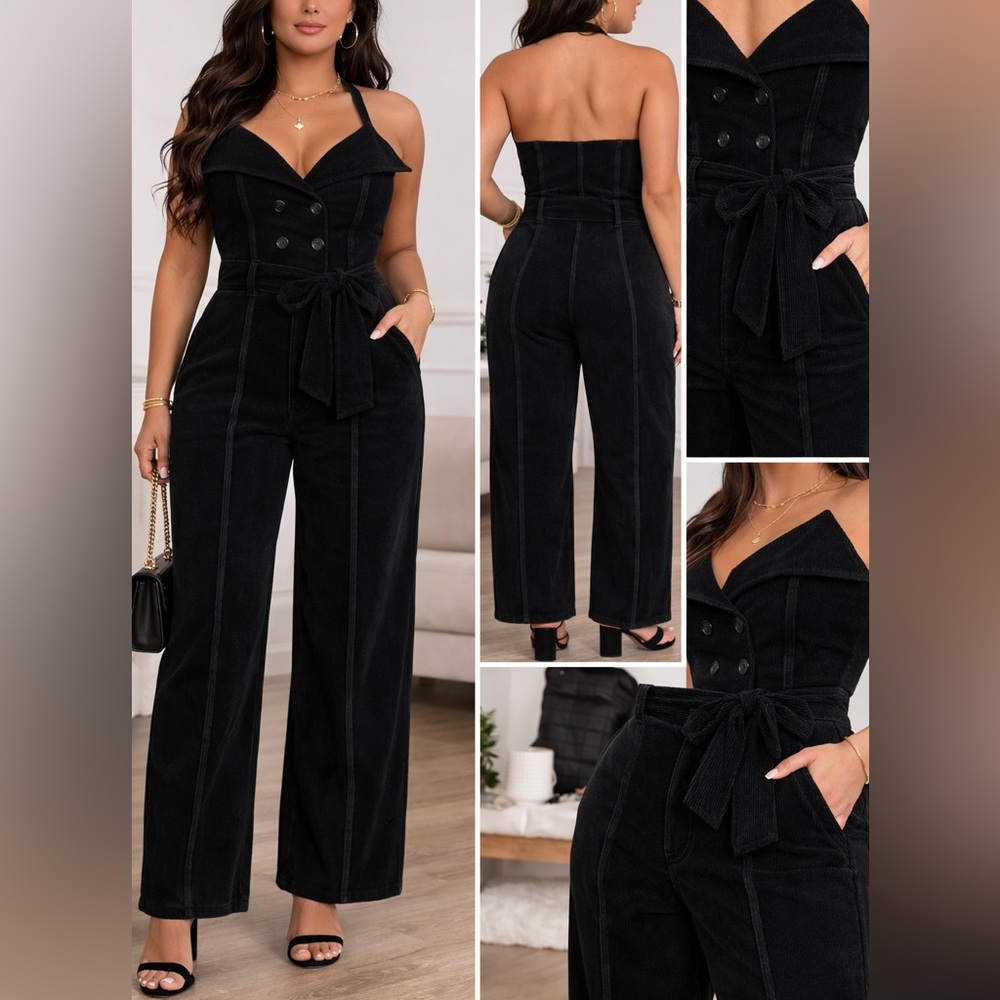 Strapless Black Jumpsuit with Tie Waist